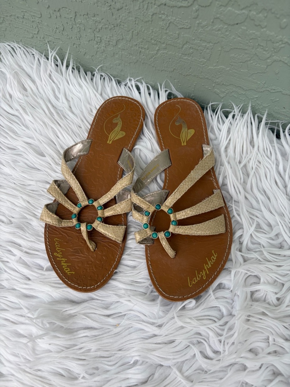 Baby Phat Lexie Womens Thong Sandals Beige Snakeskin Turquoise Ring 7
